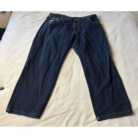 Raw Blue Denim Jeans Money Diamonds Graphic Embroidered Pockets Mens Size 42x34 - Picture 2 of 11